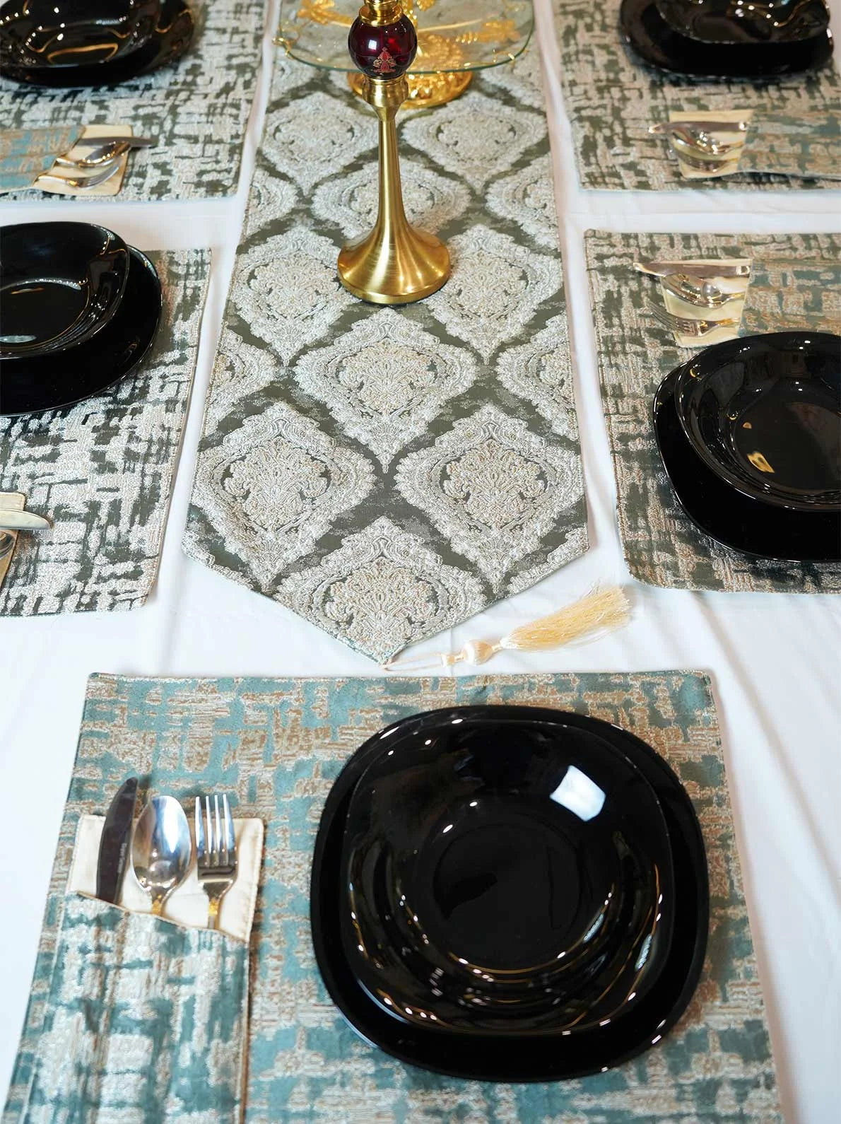 Misty Grey Damask Table Runner Set