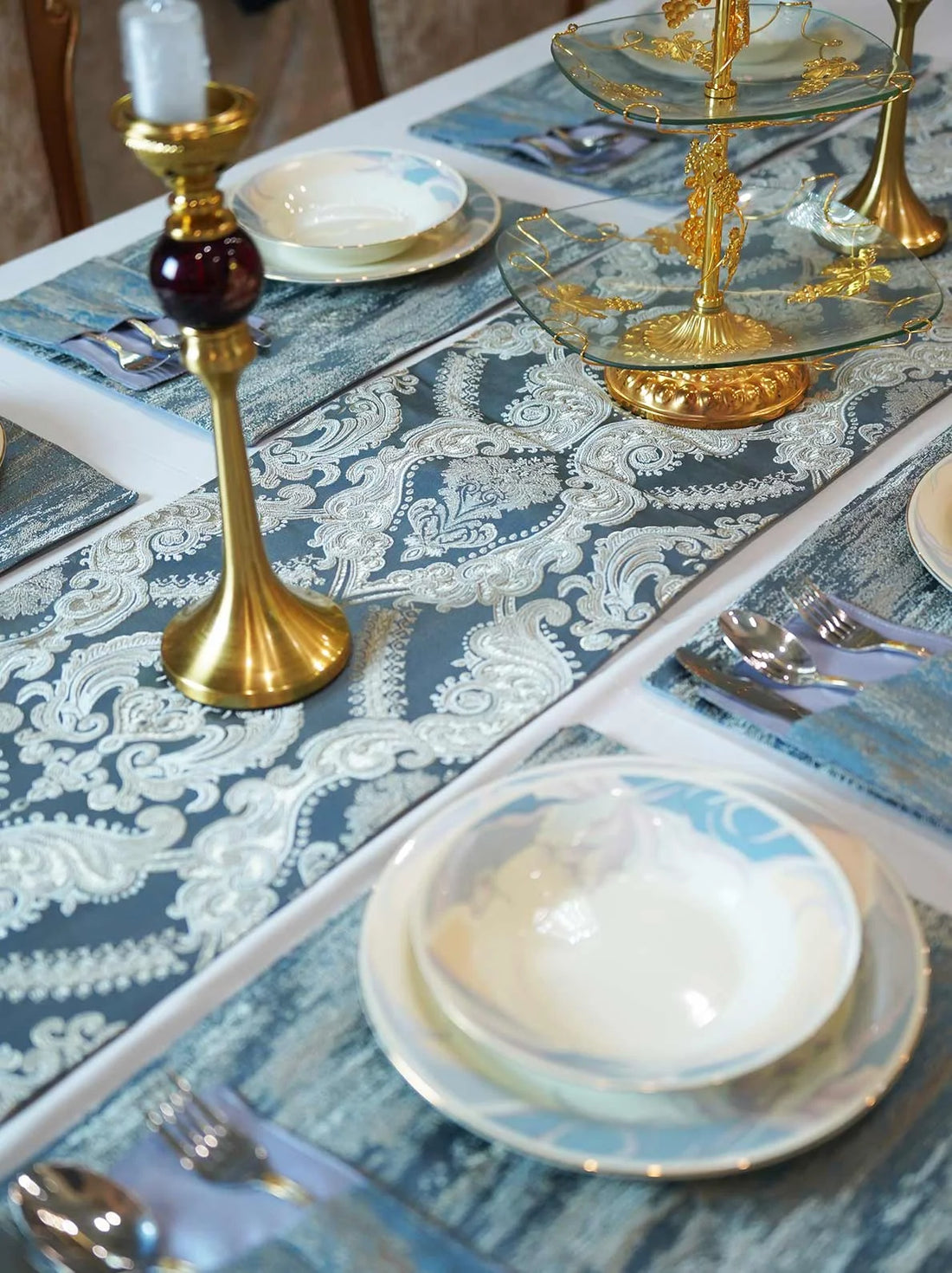 Crown Damask Blue Table Runner