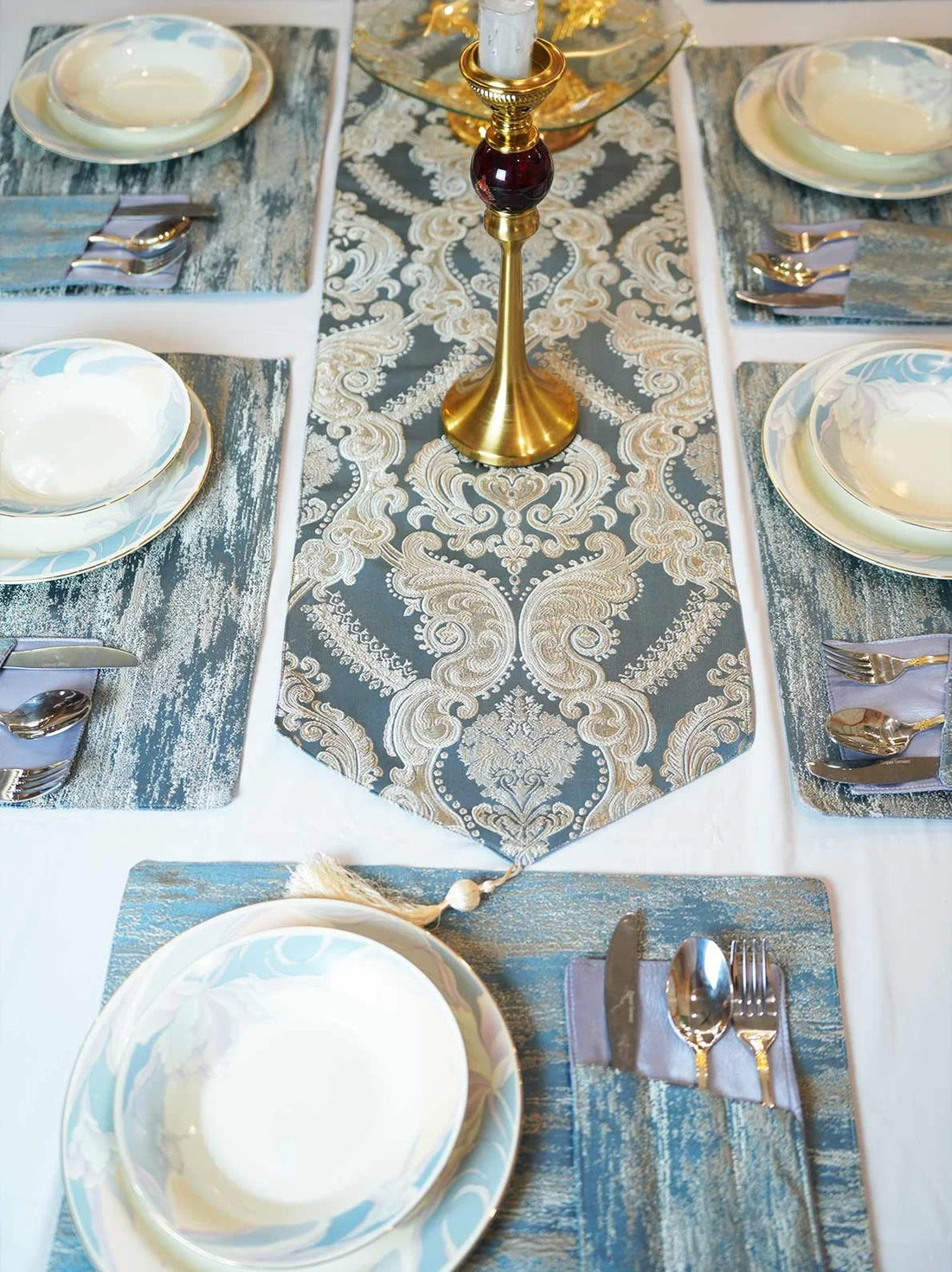 Crown Damask Blue Table Runner