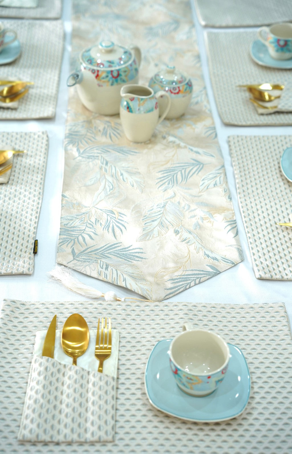 White Grey Damask Table Runner