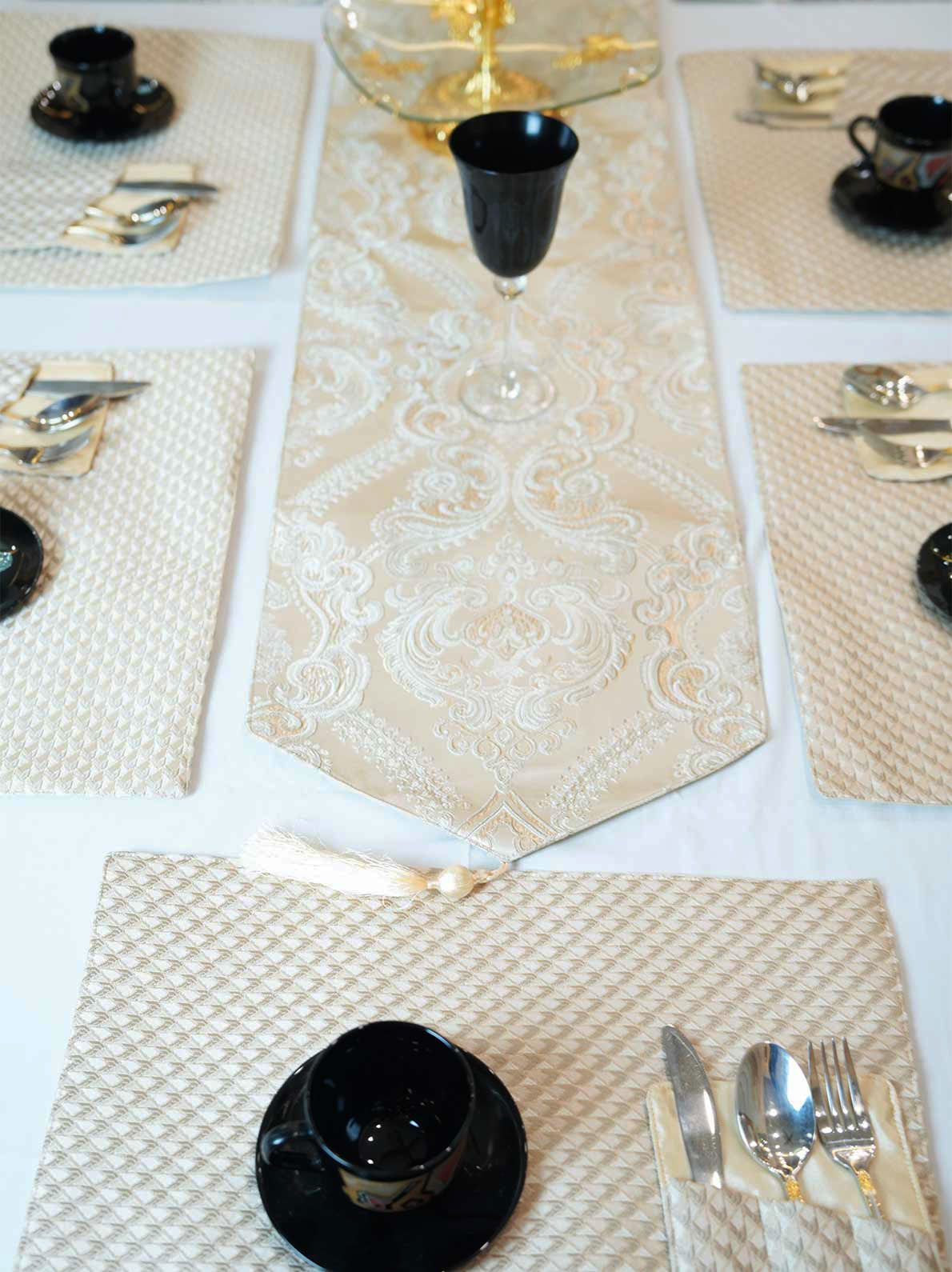 Ivory Damask Table Runner Set