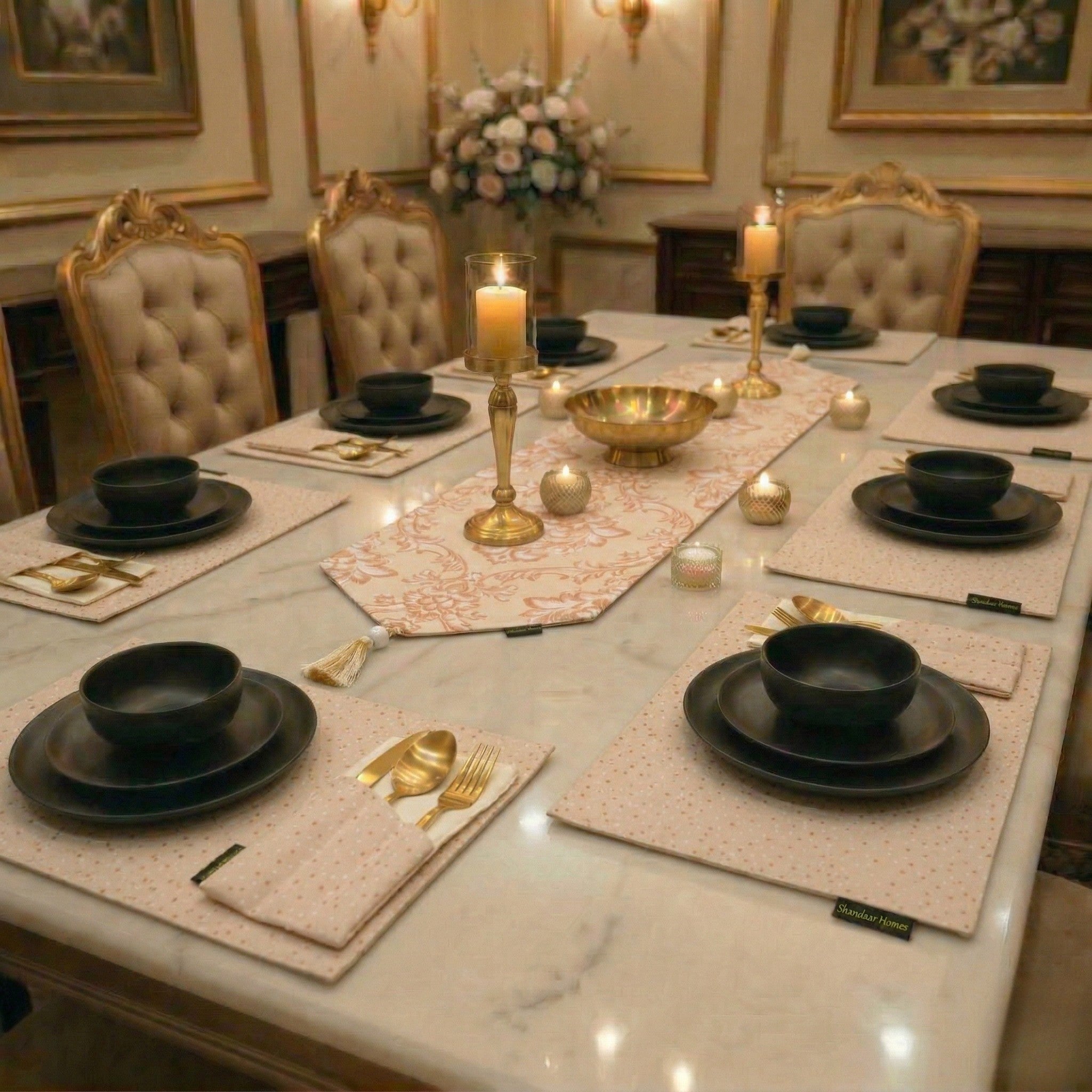 Pink Golden Damask Runner Set