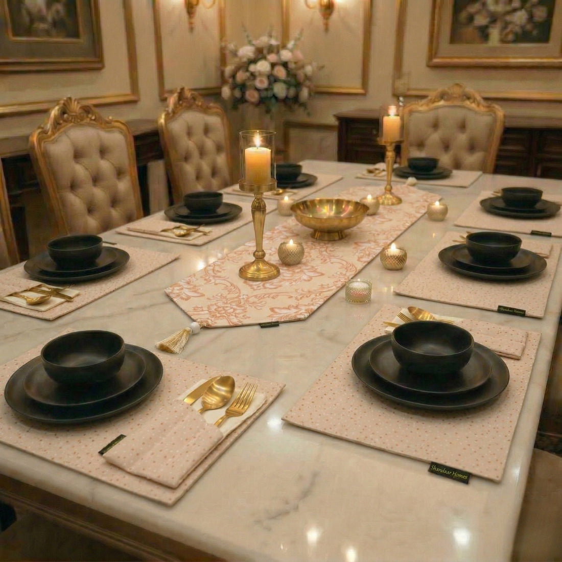 Pink Golden Damask Runner Set