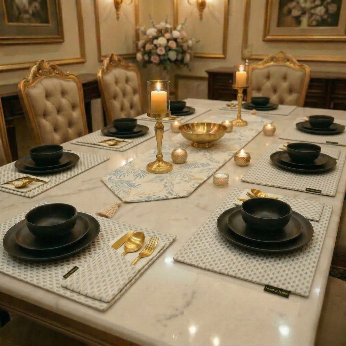 White Grey Damask Table Runner Set