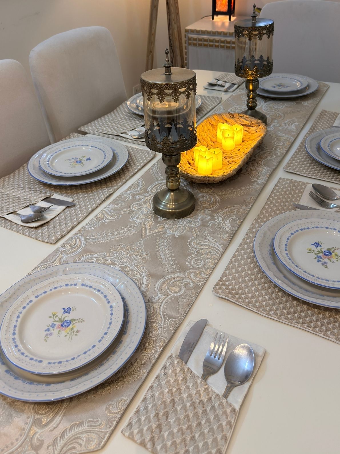 Ivory Damask Table Runner Set
