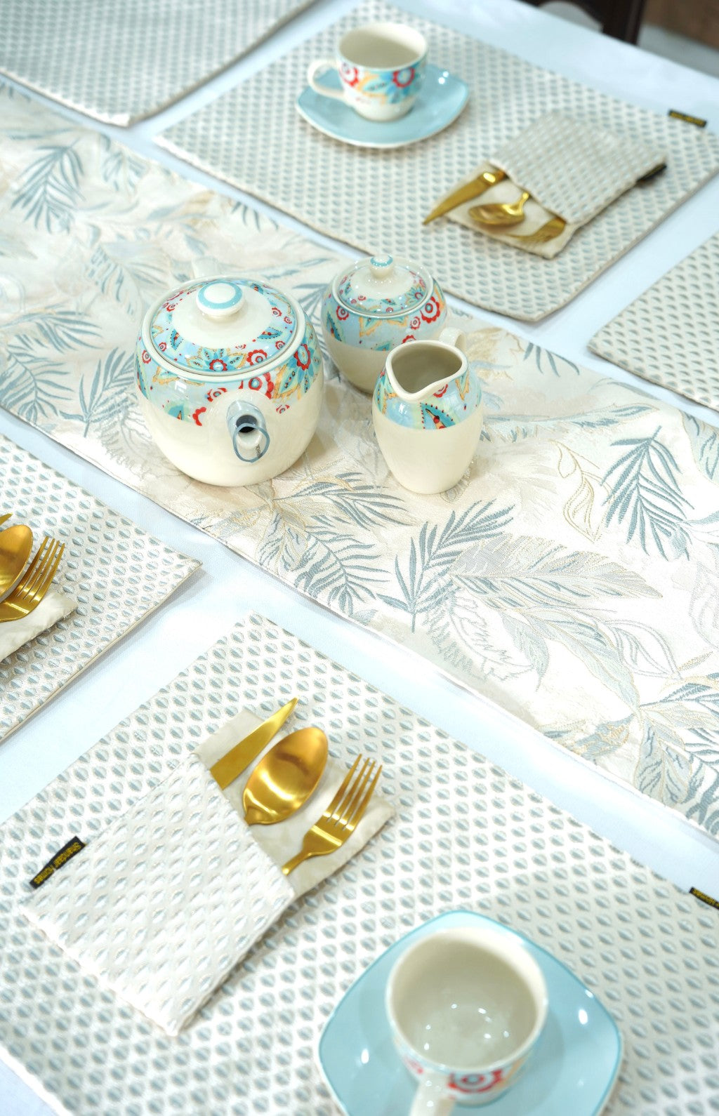 White Grey Damask Table Runner