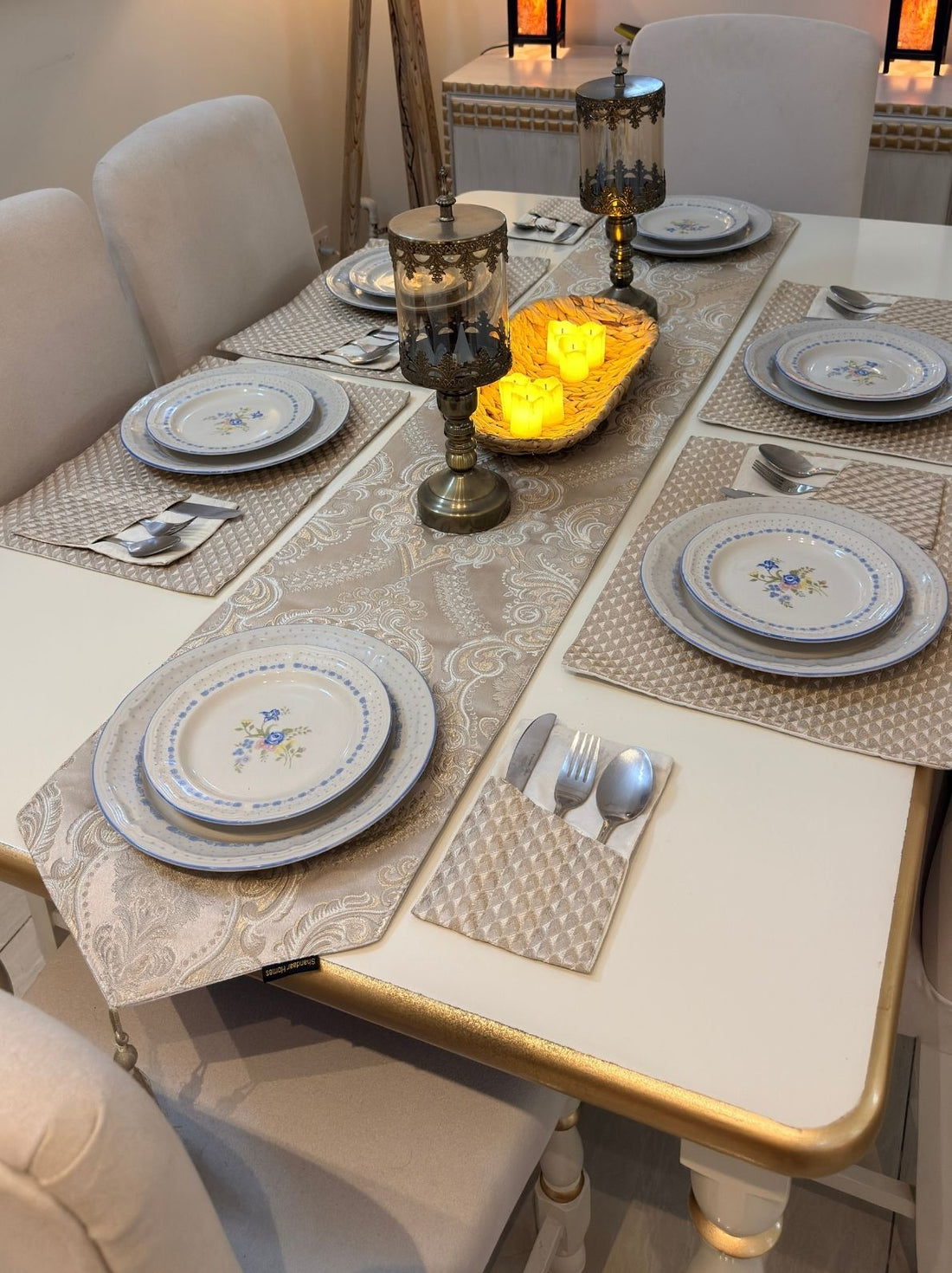 Ivory Damask Table Runner Set