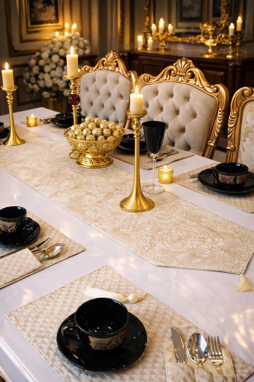 Ivory Damask Table Runner Set