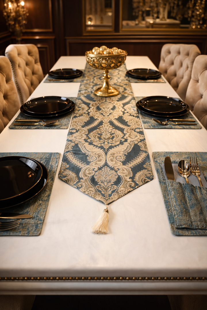 Crown Damask Blue Table Runner Set