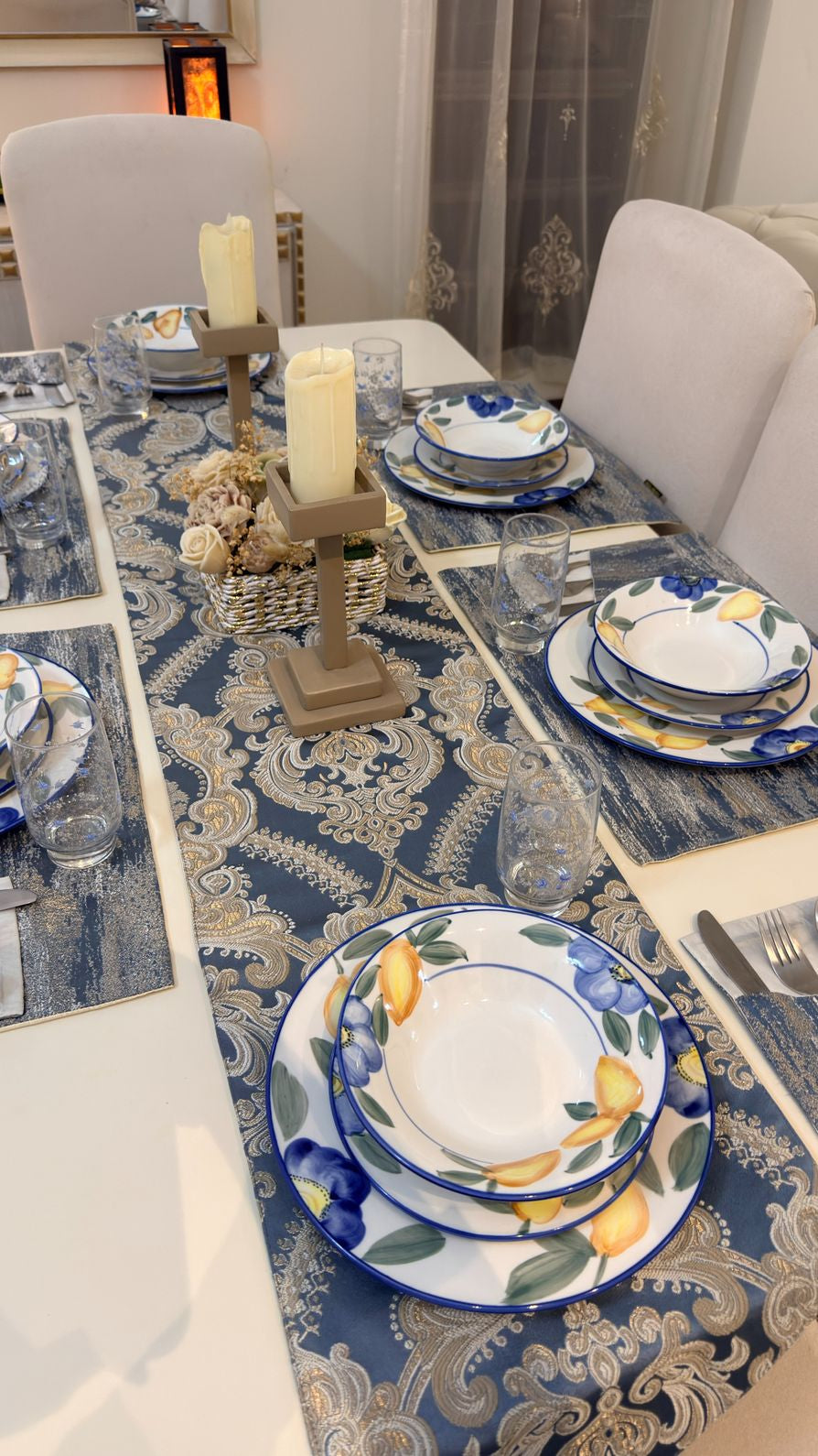 Crown Damask Blue Table Runner Set