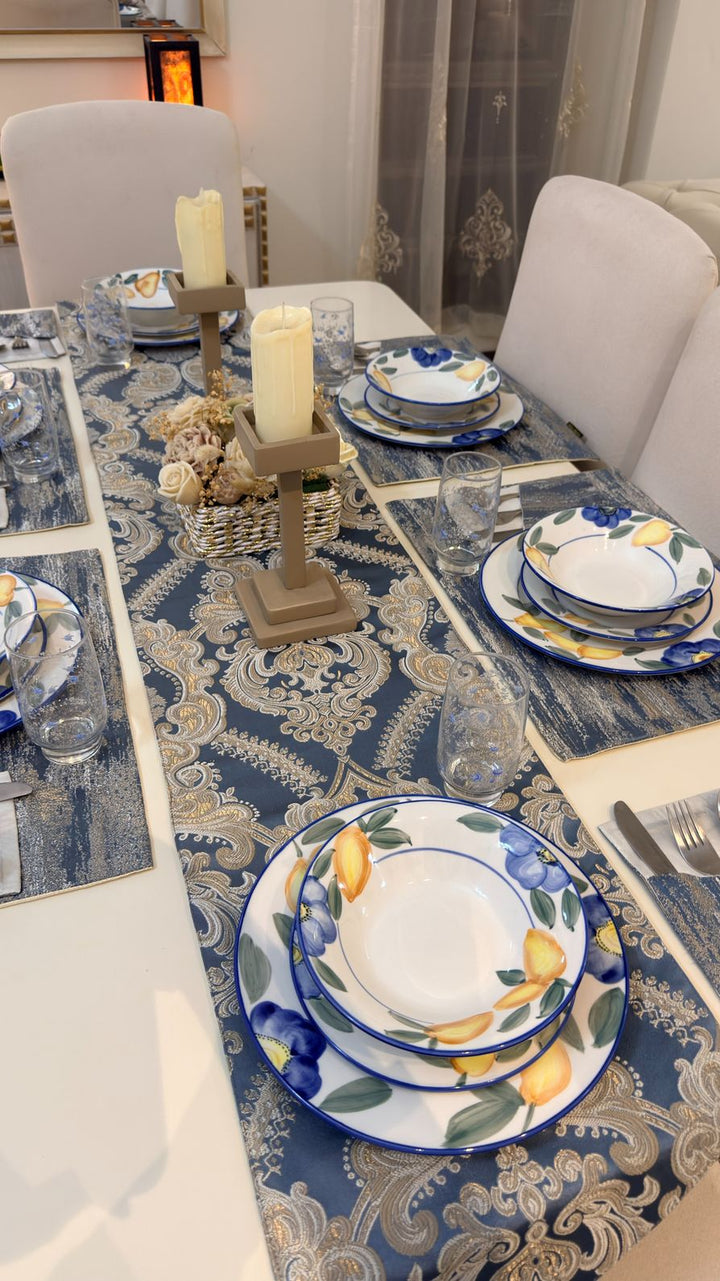 Crown Damask Blue Table Runner Set