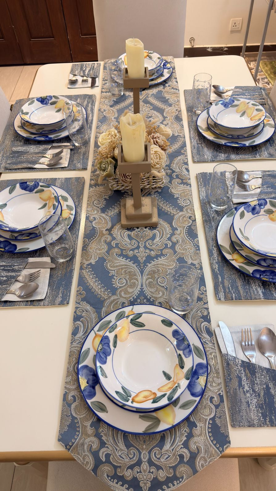 Crown Damask Blue Table Runner Set