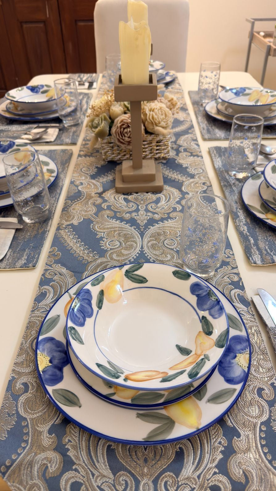 Crown Damask Blue Table Runner Set