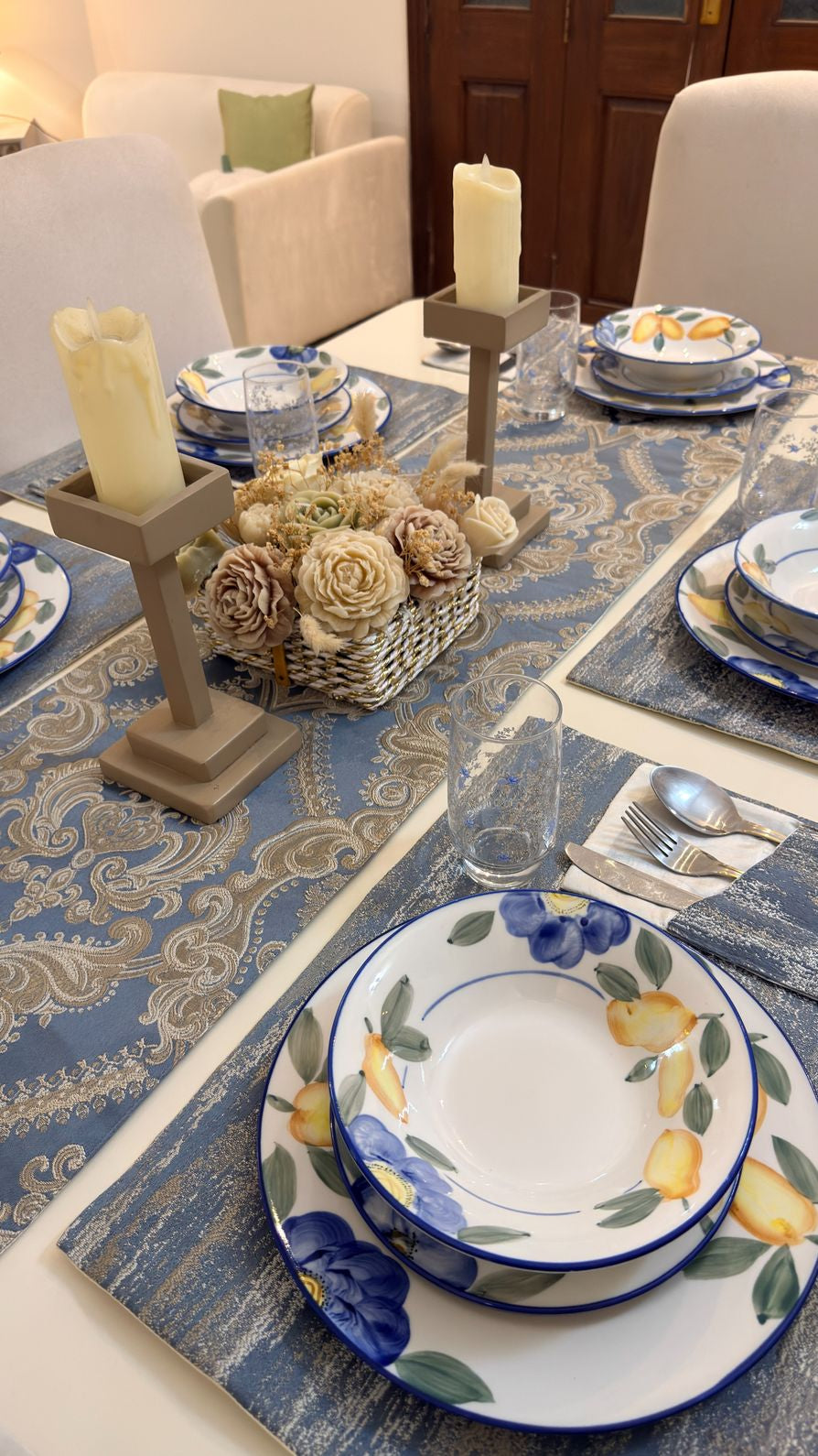 Crown Damask Blue Table Runner Set