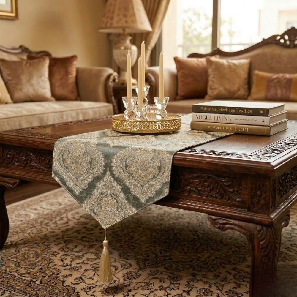 Misty Grey Damask Table Runner